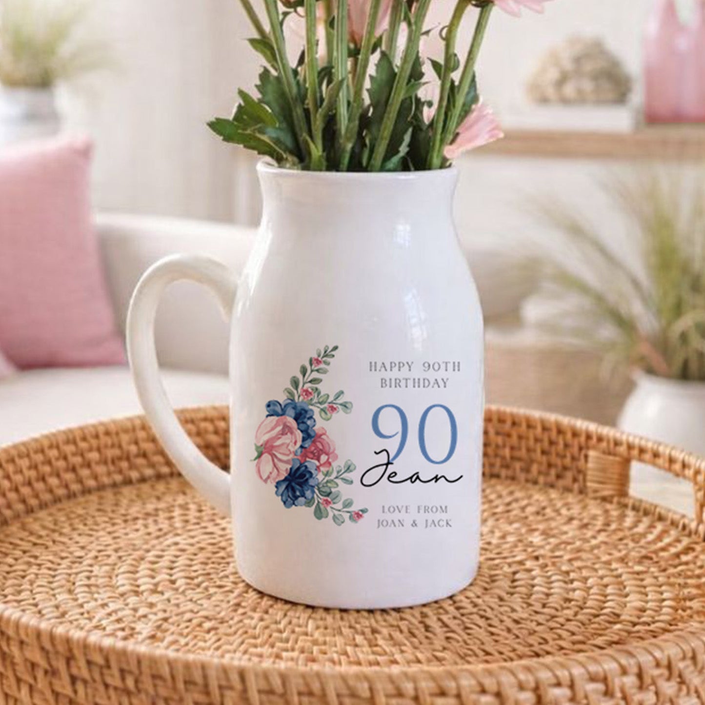 Personalised 90th Birthday Vase Milestone Gift with flowers on a woven tray