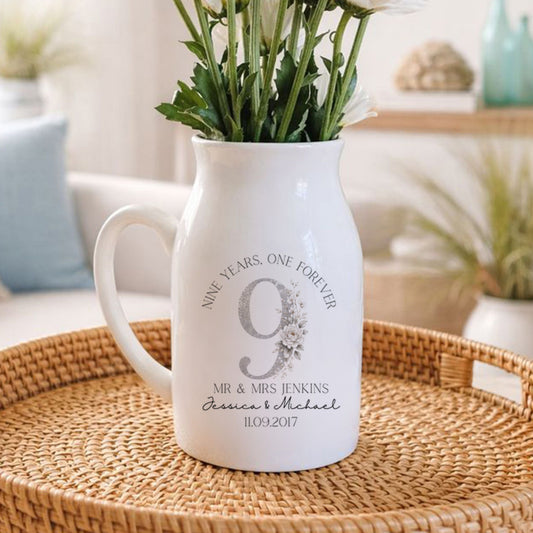 personalised 9th wedding anniversary ceramic vase with custom name and wedding date