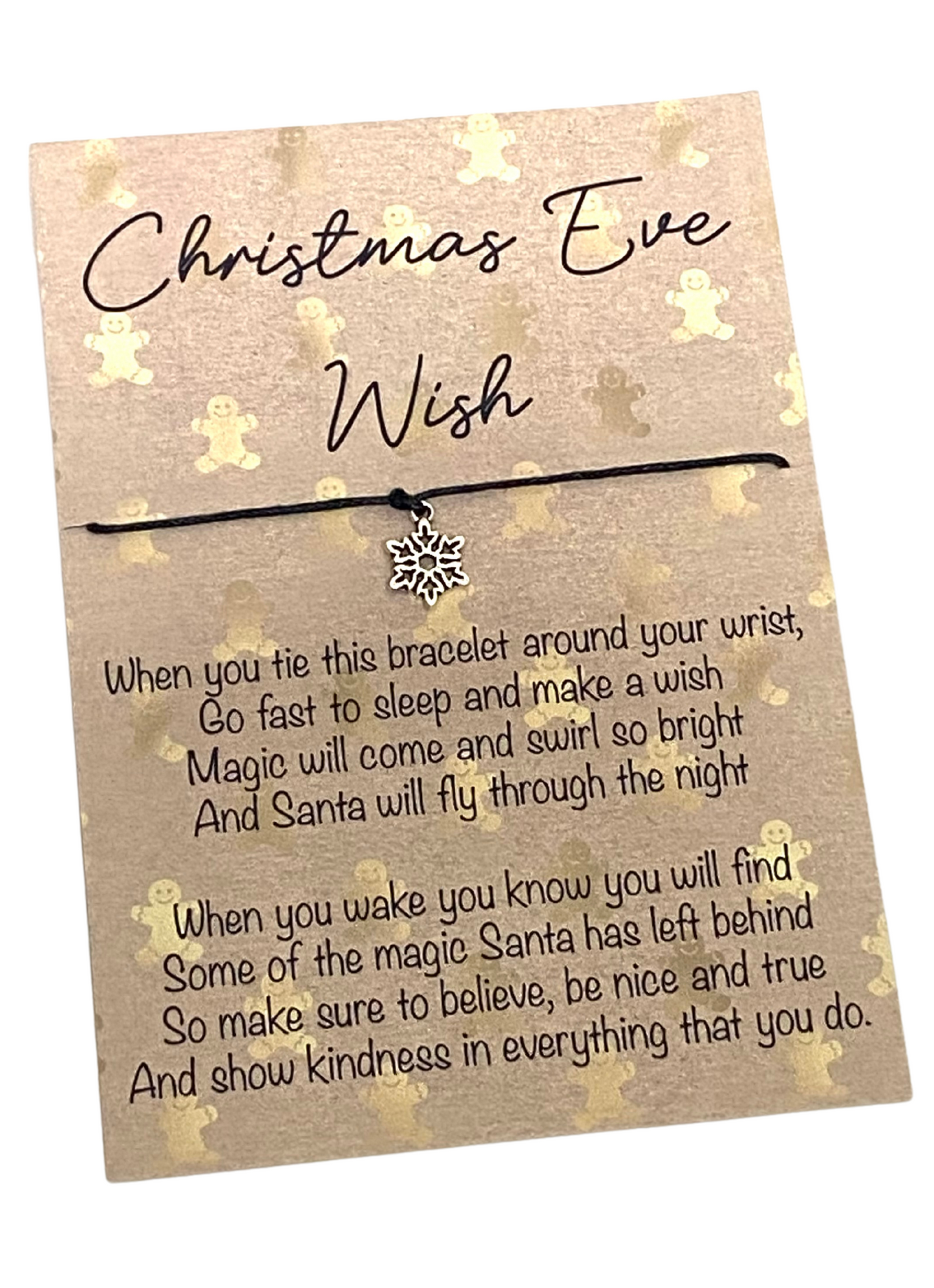 Bracelet with snowflake charm on a 'Christmas Eve Wish' card with text.