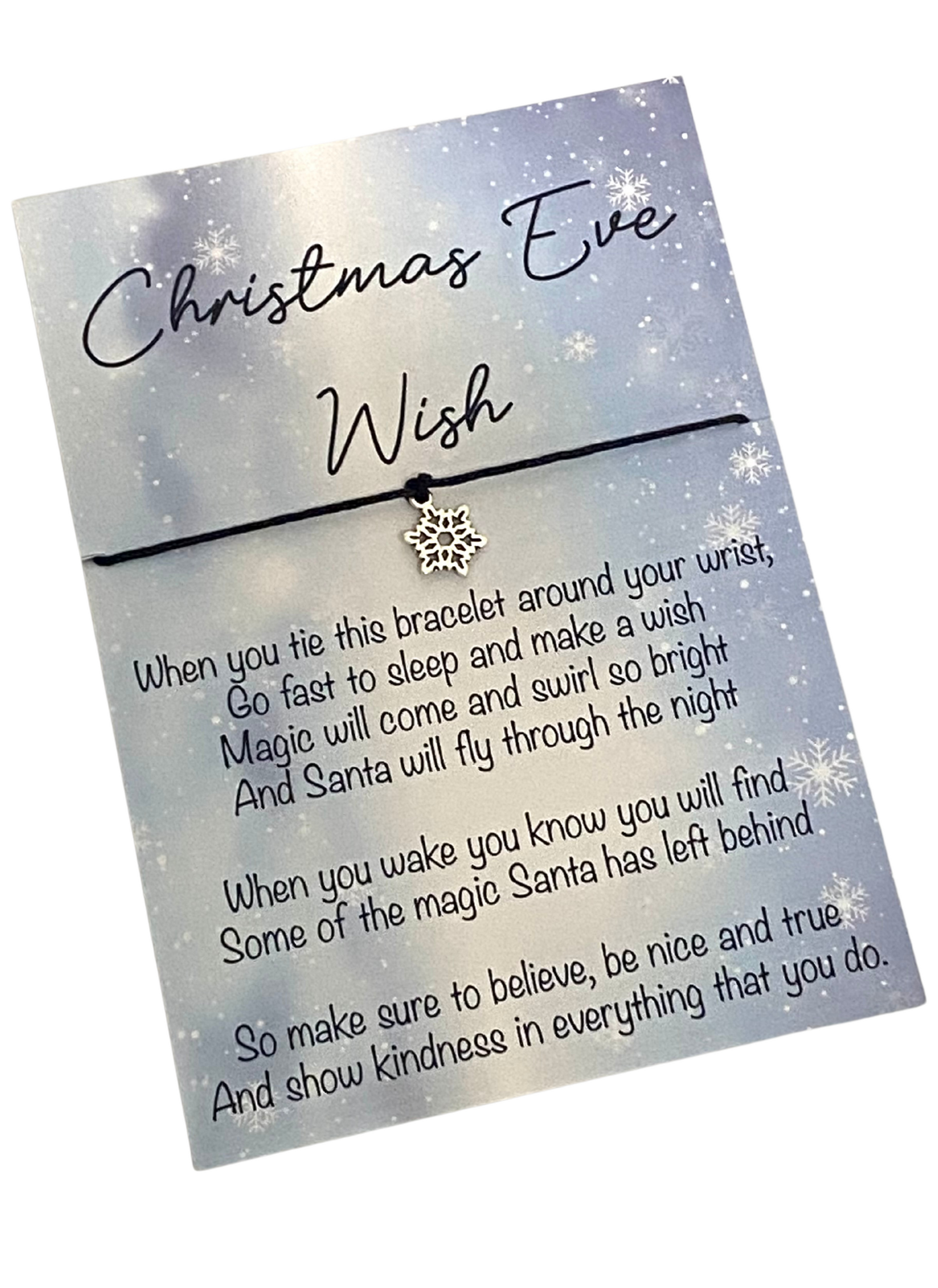 Christmas Eve Wish bracelet with decorative card on a white background