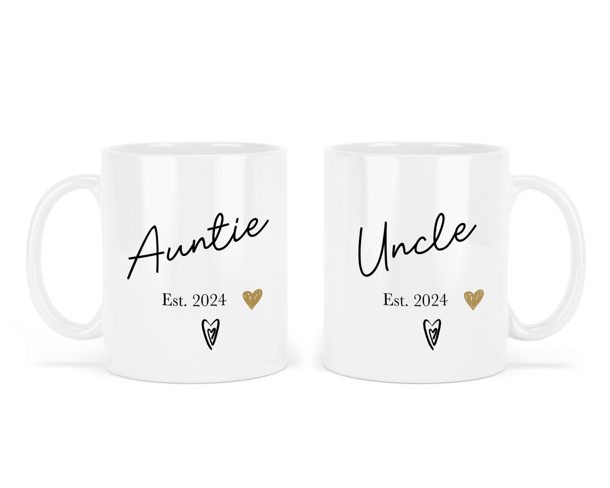Two white mugs with 'Auntie Est. 2024' and 'Uncle Est. 2024' text on a white background