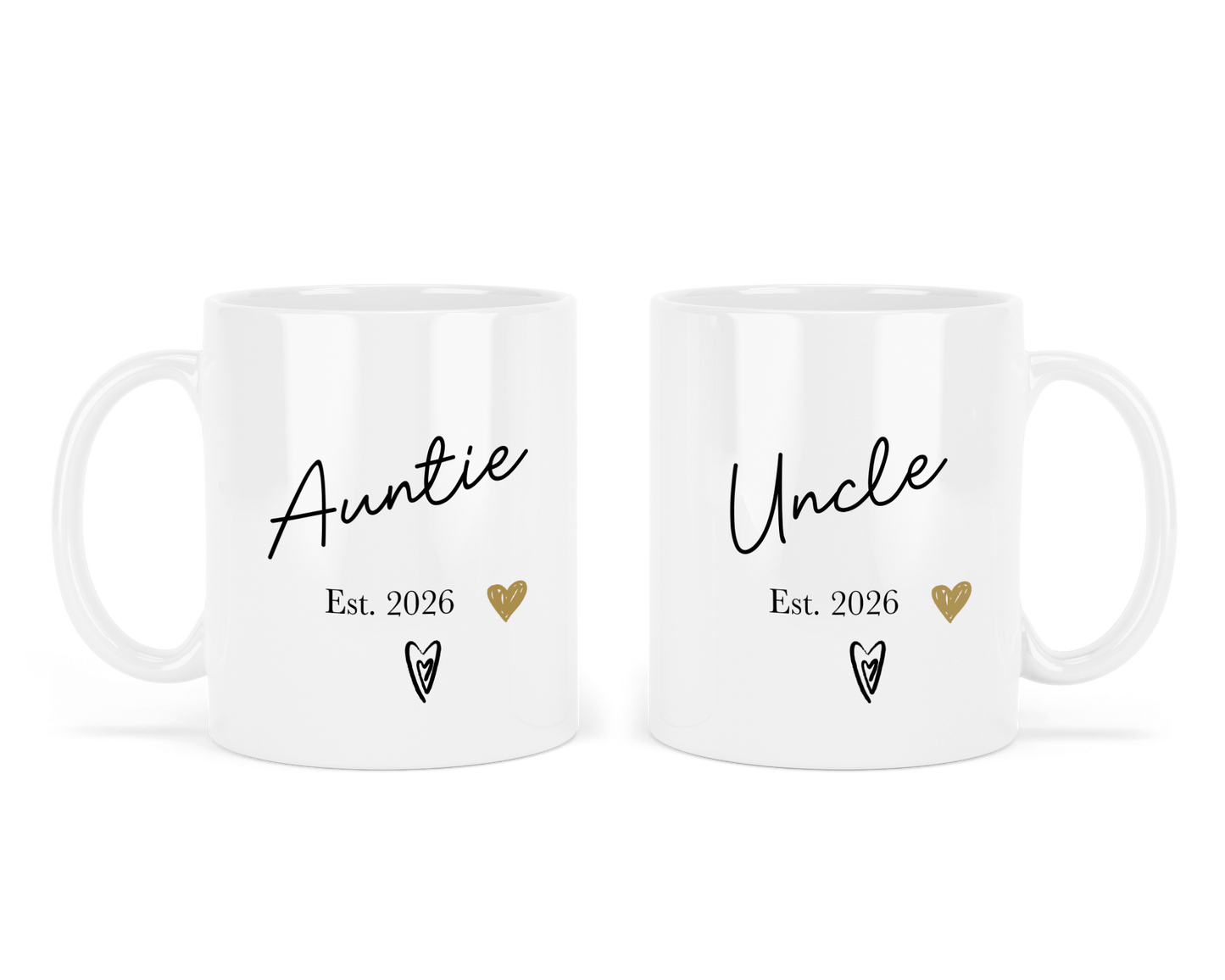 Two personalised white mugs with 'Auntie Est. 2026' and 'Uncle Est. 2026' text on a white background