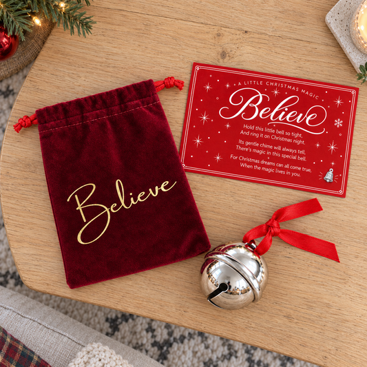 A festive Christmas-themed gift set on a wooden table, featuring a deep red velvet drawstring pouch with gold 'Believe' lettering, a red card with white script text, and a silver jingle bell tied with a red ribbon.