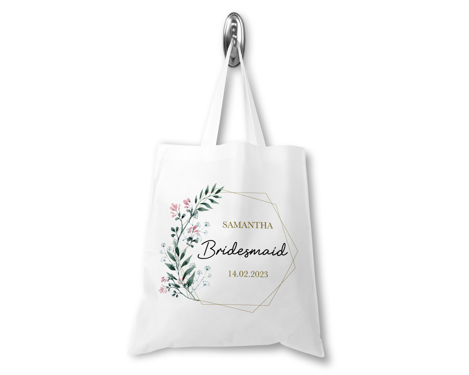 White tote bag with floral design and text on a white background
