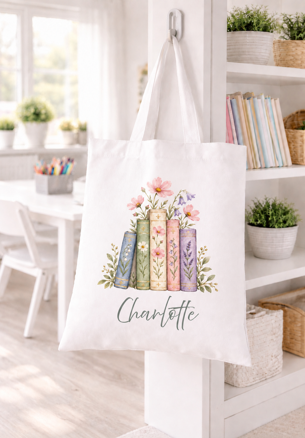 Personalised Teacher Tote Bag, Christmas Gift, Floral Book Bag with Name, TA