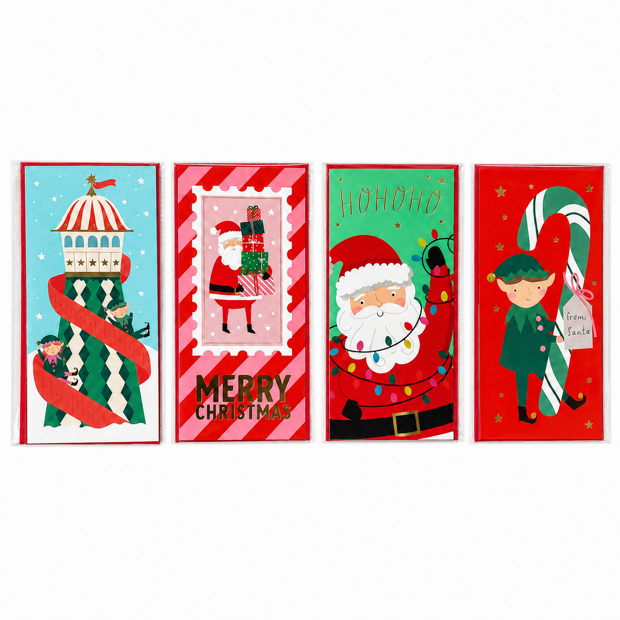 Four Christmas-themed money wallets arranged side by side on a white background. The cards feature festive illustrations including Santa Claus, an elf, a candy cane, a Christmas tree, and holiday text such as 'Merry Christmas' and 'Ho Ho Ho'.