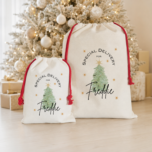 Two cream drawstring gift bags with red cords stand on a light wood floor in front of a decorated Christmas tree. Each bag has a printed green Christmas tree, gold stars, and the text 'SPECIAL DELIVERY FOR Freddie'.