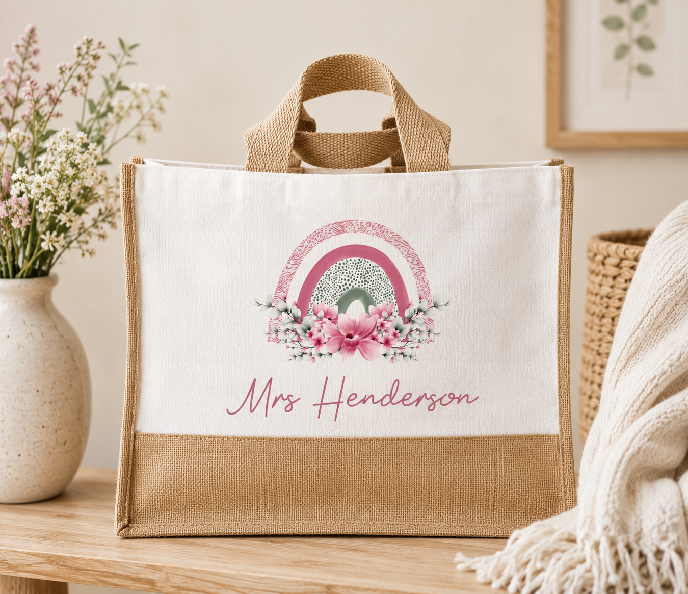 Teacher personalised Tote bag with floral design and 'Mrs Henderson' text on a wooden surface.