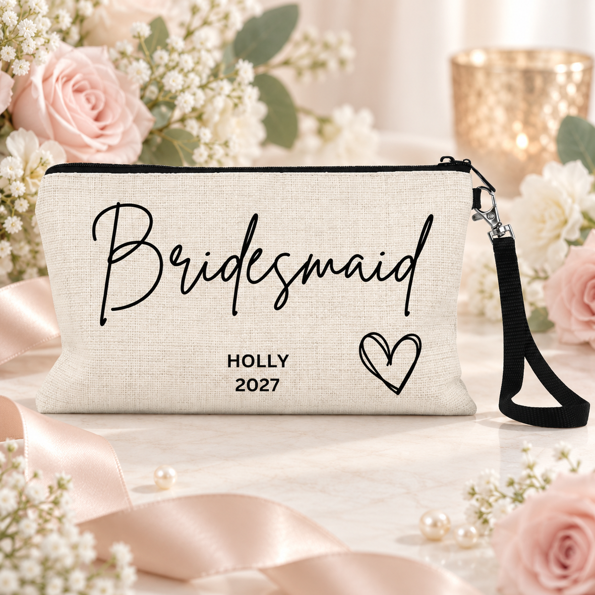 A personalized bridesmaid clutch bag in a textured cream linen fabric with black printed text reading 'Bridesmaid', 'HOLLY 2027', and a heart outline. The bag is styled with a black wrist strap and surrounded by pink roses, white baby's breath, and a pink satin ribbon on a light marble surface.