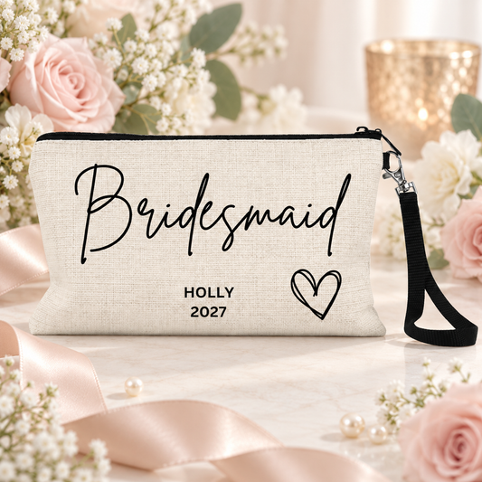 A personalized bridesmaid clutch bag in a textured cream linen fabric with black printed text reading 'Bridesmaid', 'HOLLY 2027', and a heart outline. The bag is styled with a black wrist strap and surrounded by pink roses, white baby's breath, and a pink satin ribbon on a light marble surface.