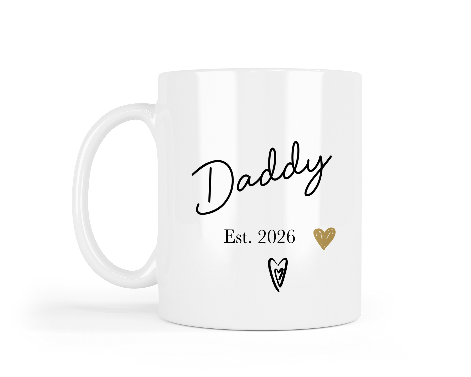 White personalised mug with 'Daddy Est. 2026' text and heart design on a white background