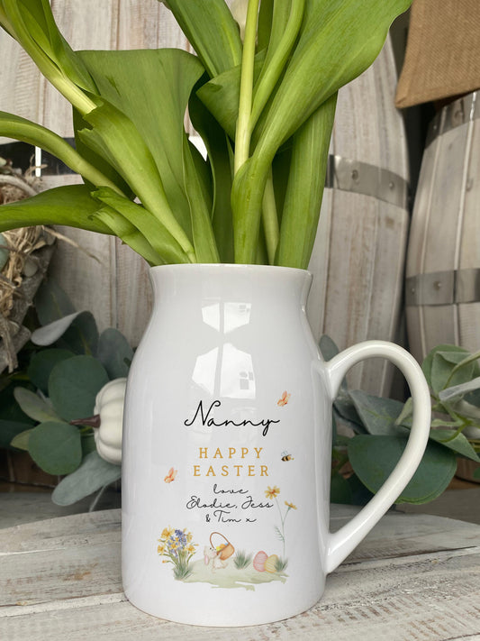 Personalised Easter gift jug for Nanny with spring floral design, pastel Easter eggs, and custom message from grandchildren