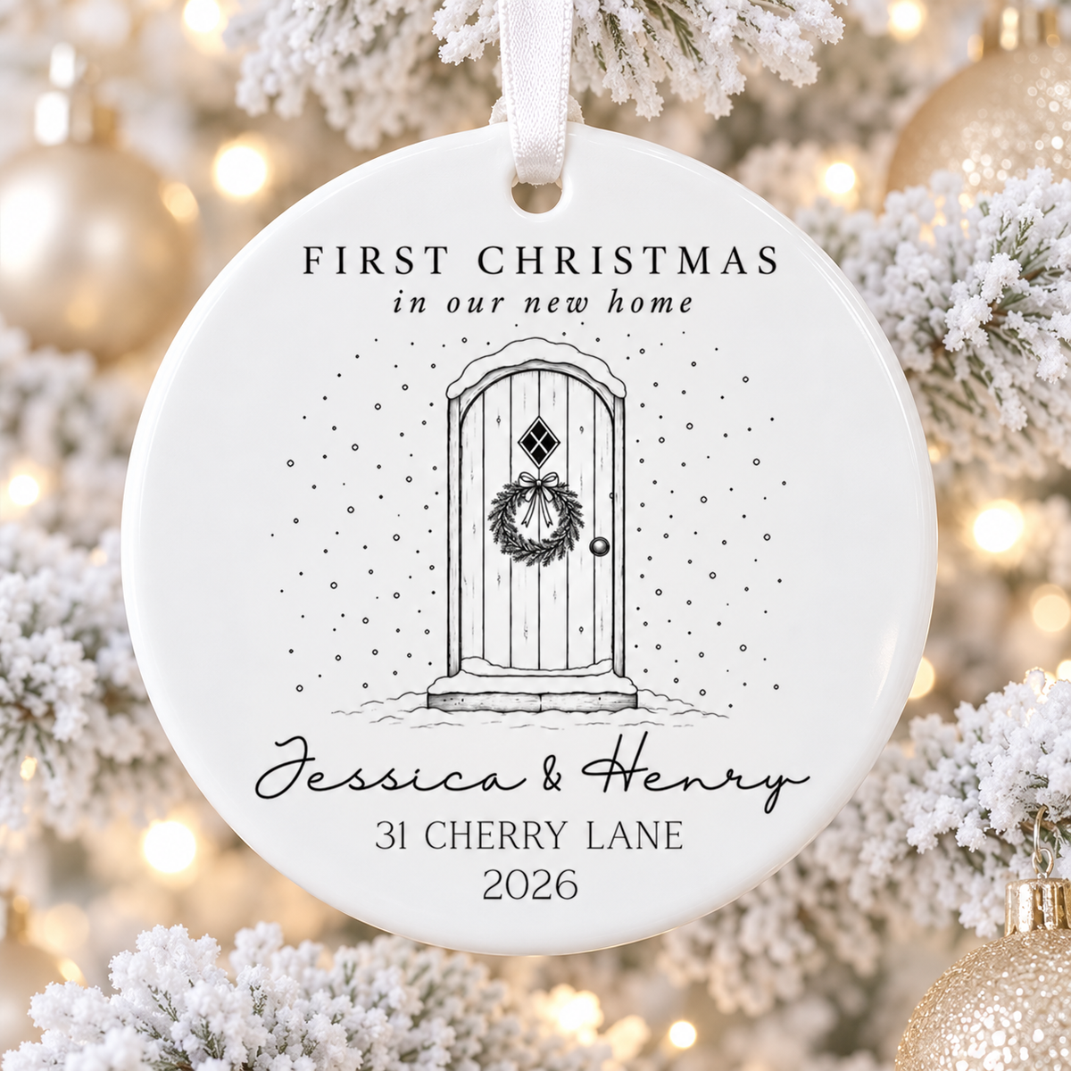 A personalized round white Christmas ornament hanging from a white ribbon, featuring a black line drawing of a front door with a wreath and the text 'FIRST CHRISTMAS in our new home' and 'Jessica & Henry 31 CHERRY LANE 2026'. The ornament is photographed against a festive blurred background of frosted branches and warm string lights.