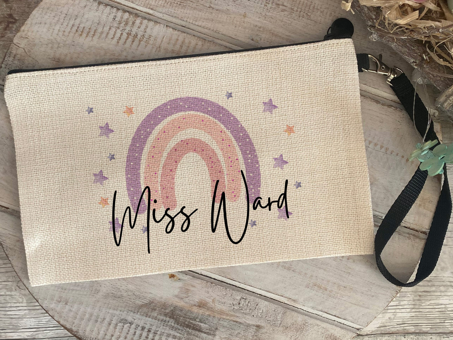 Custom name zip pouch with pastel rainbow and stars – perfect for makeup, stationery, or everyday essentials