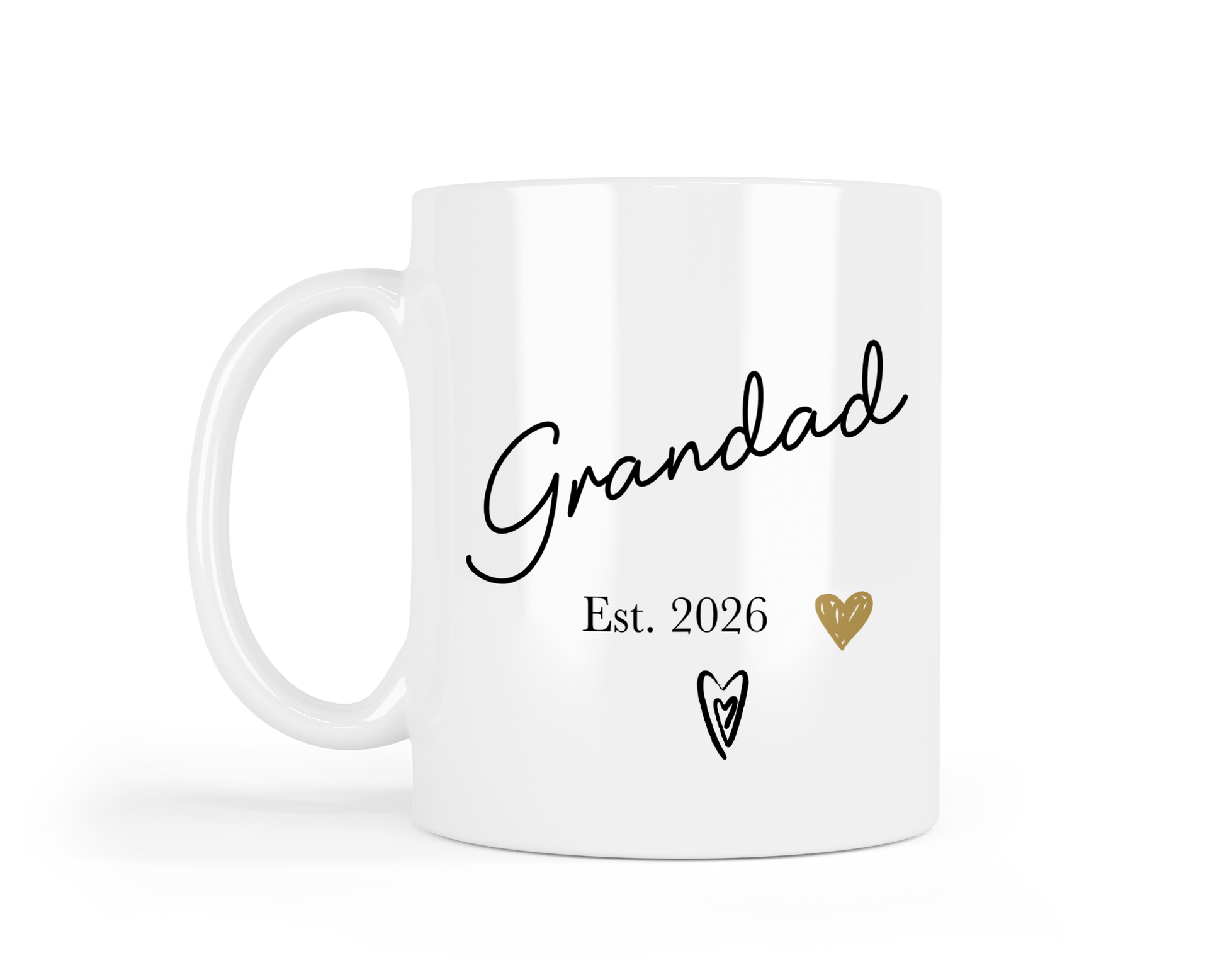 White mug with 'Grandad Est. 2026' text and heart designs on a white background