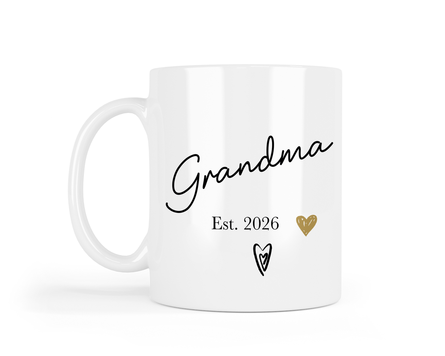 Personalised White mug with 'Grandma Est. 2026' text and heart designs on a white background