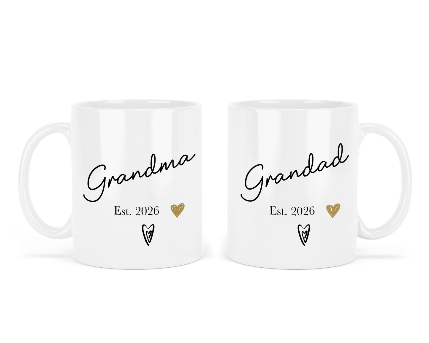 Two personalised white mugs with 'Grandma Est. 2026' and 'Grandad Est. 2026' text on a white background