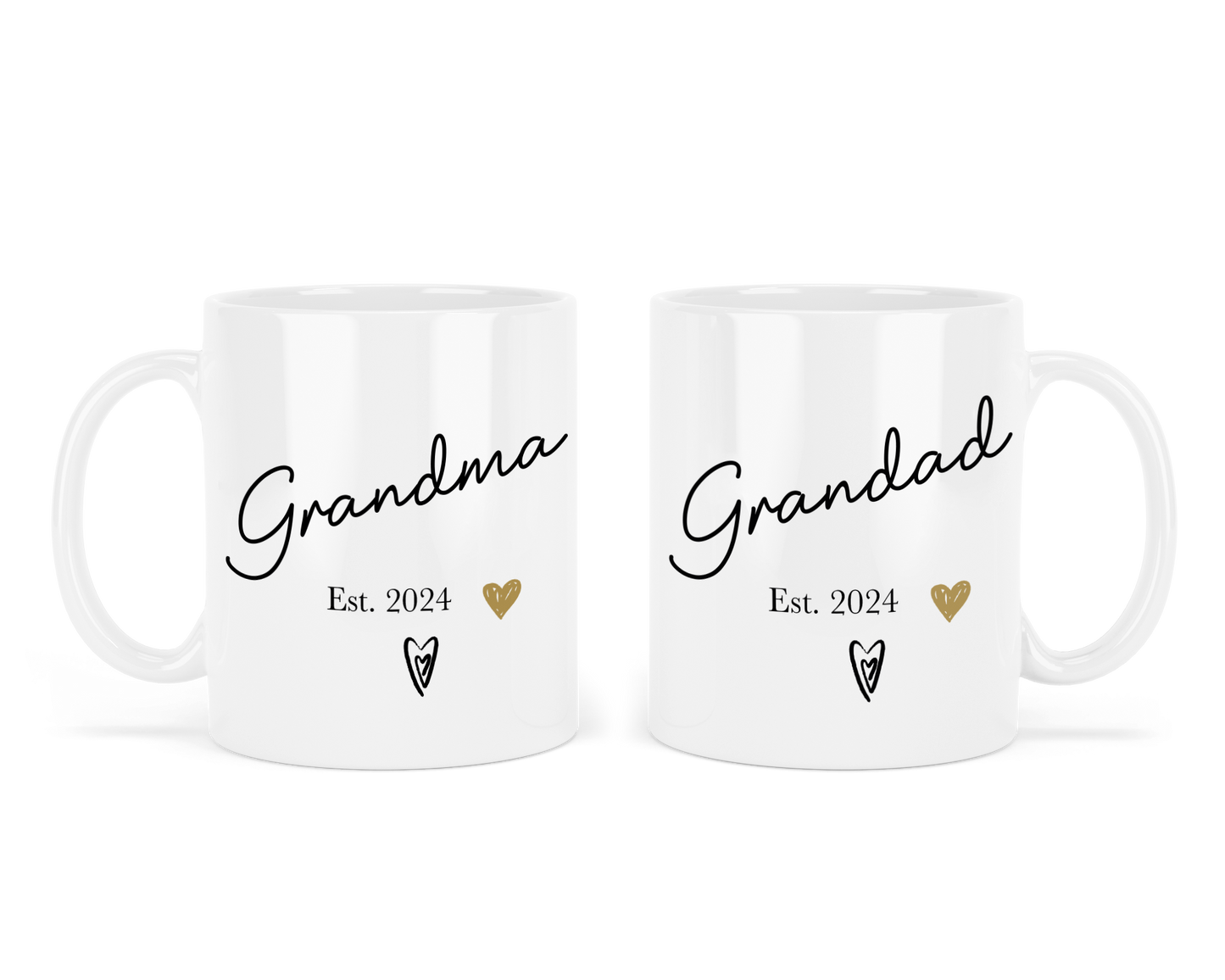 Two white mugs with 'Grandma Est. 2024' and 'Grandad Est. 2024' text on a white background
