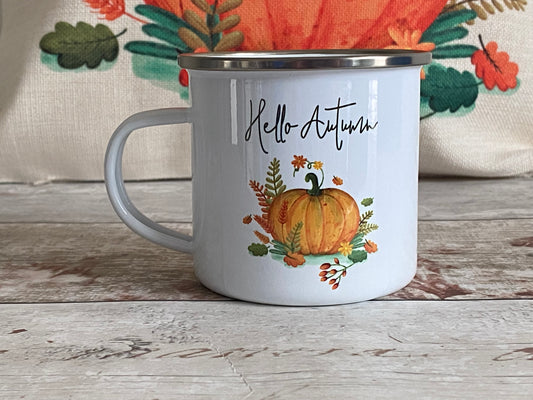 Autumn Enamel Camping Mug, Hellow Autumn Mug, Pumpkin Mug, Autumn Decor, Autumnal Message, Autumn Accessories, Fall Accessories, Mug For Her