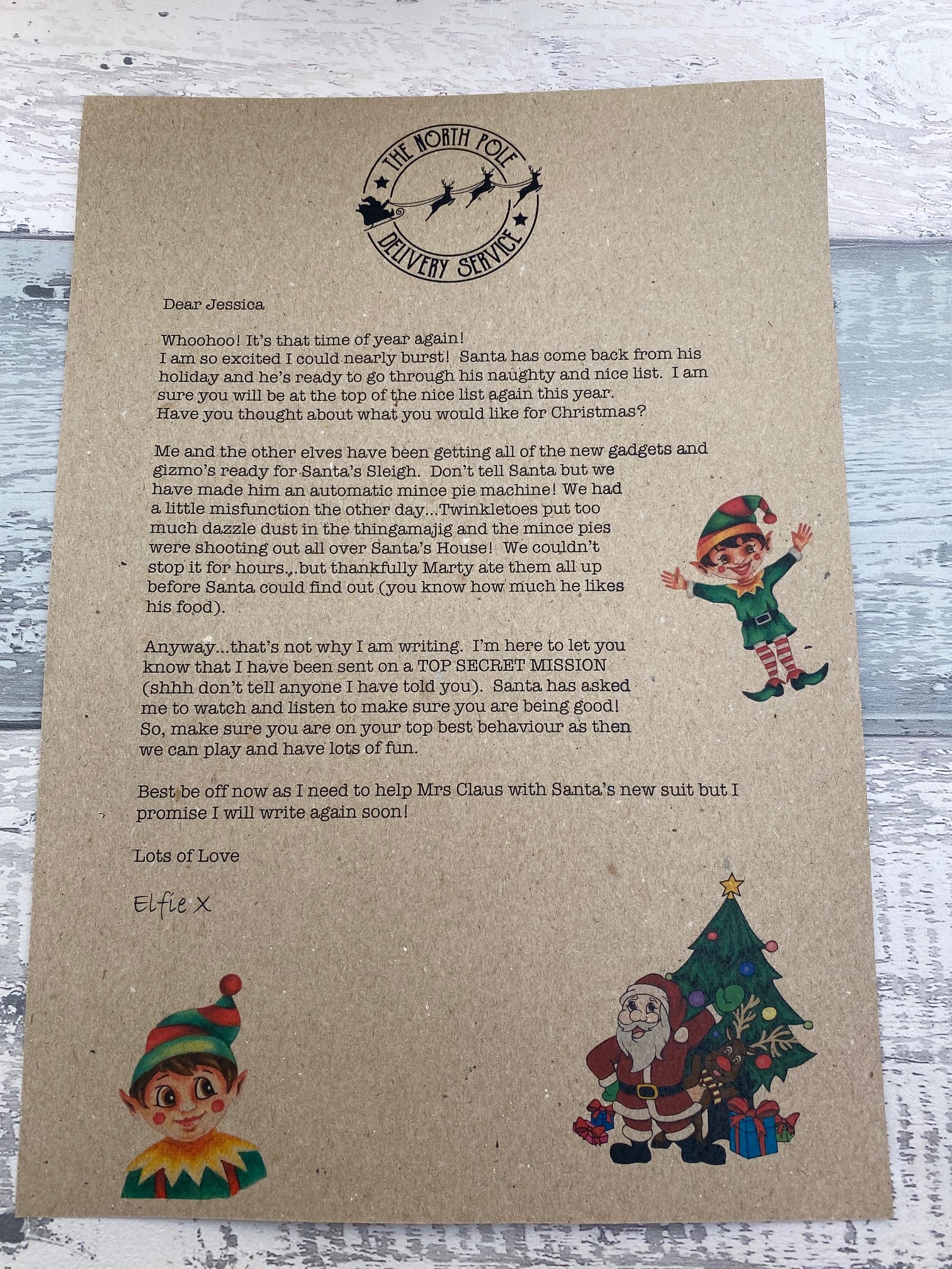 Letter from Santa Claus on a kraft paper background with Christmas-themed illustrations.