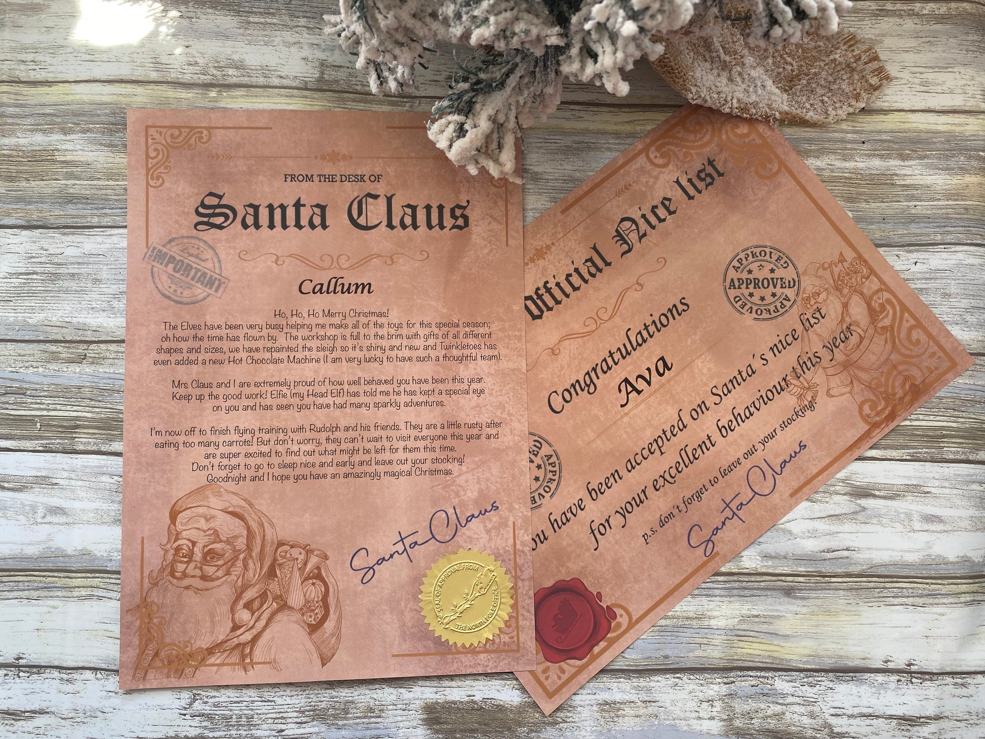 Letter and Certificate from Santa Claus on a wooden surface with decorative elements.