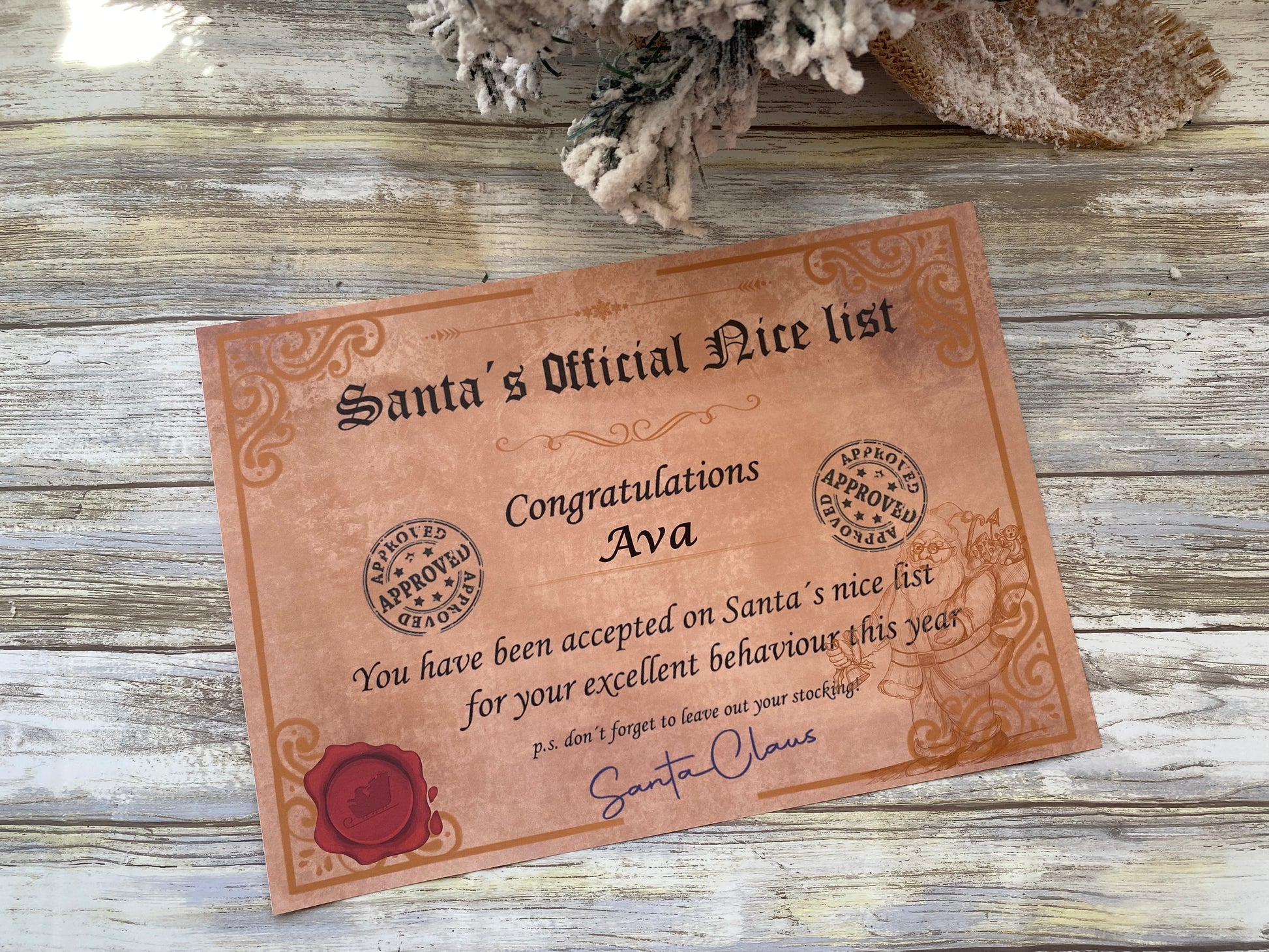 Certificate on a wooden surface with decorative elements
