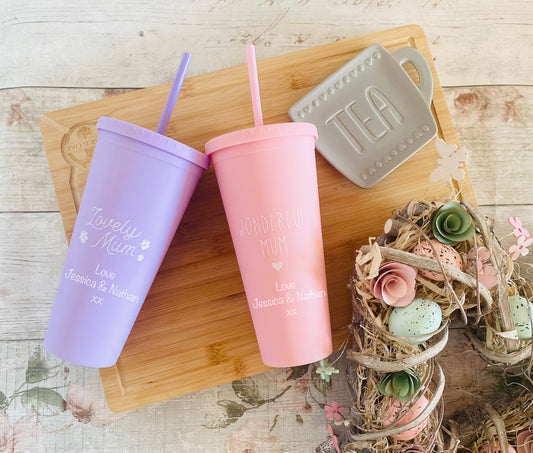 Personalised cold cups for Mum in pink and purple, with straws and custom messages from children, ideal Mother’s Day gift