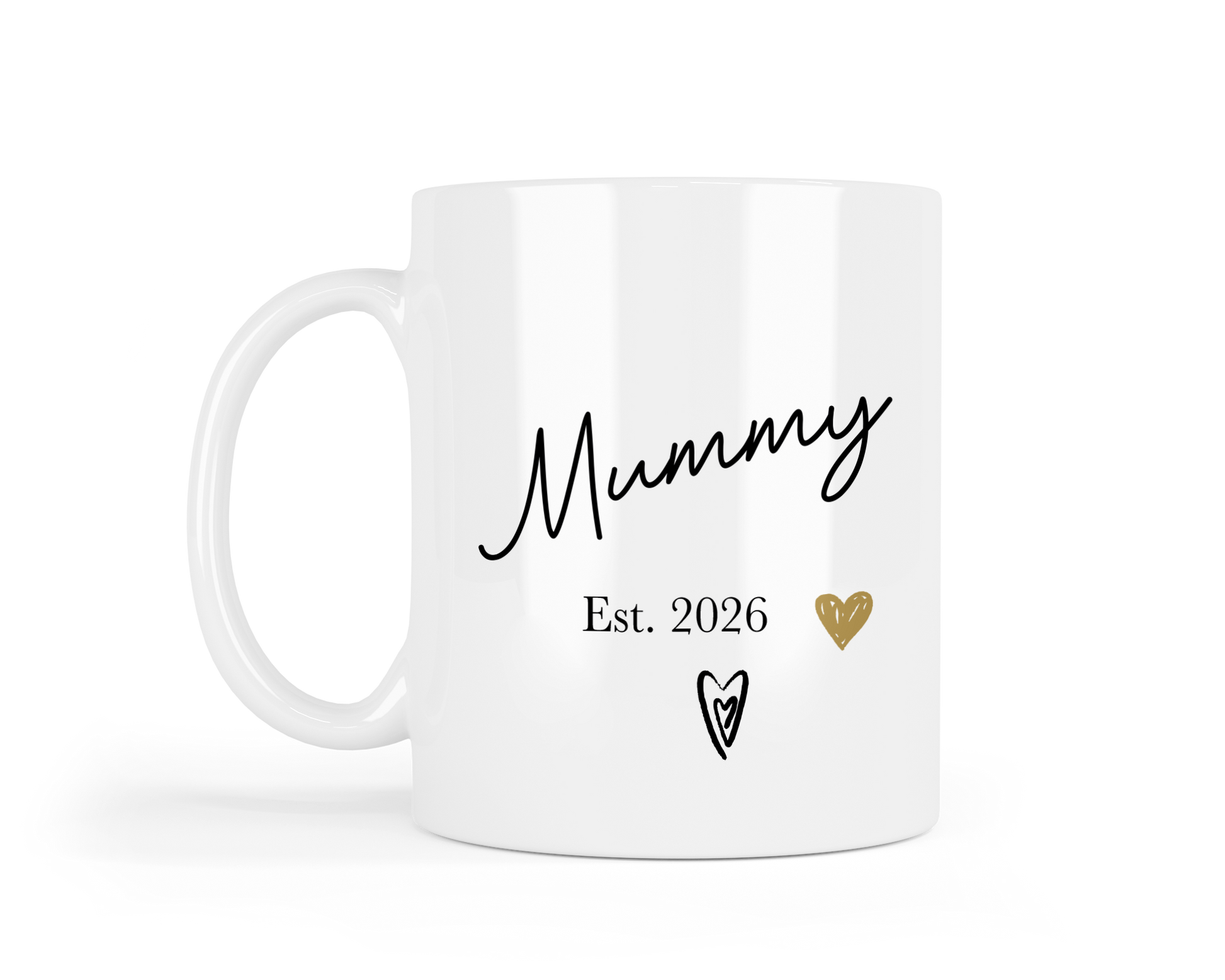 White personalised mug with 'Mummy Est. 2026' text and heart designs on a white background
