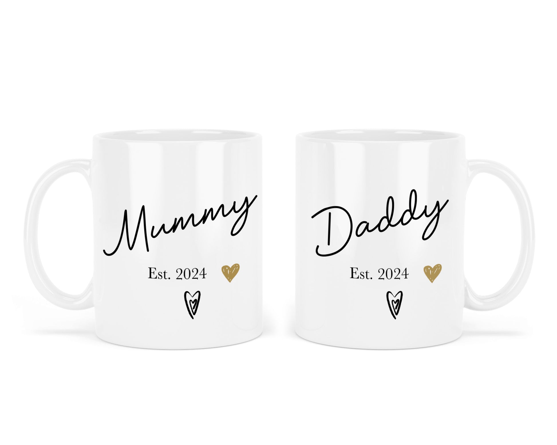 Two white mugs with 'Mummy Est. 2024' and 'Daddy Est. 2024' text on a white background
