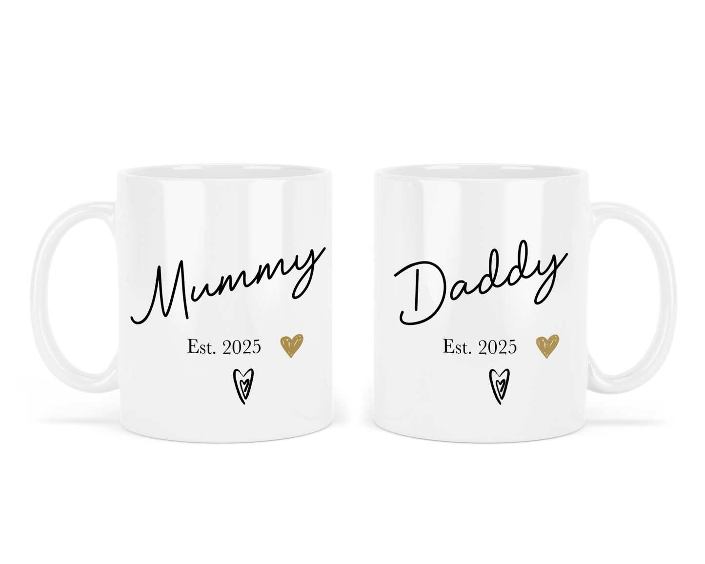 Two white mugs with 'Mummy Est. 2025' and 'Daddy Est. 2025' text on a white background
