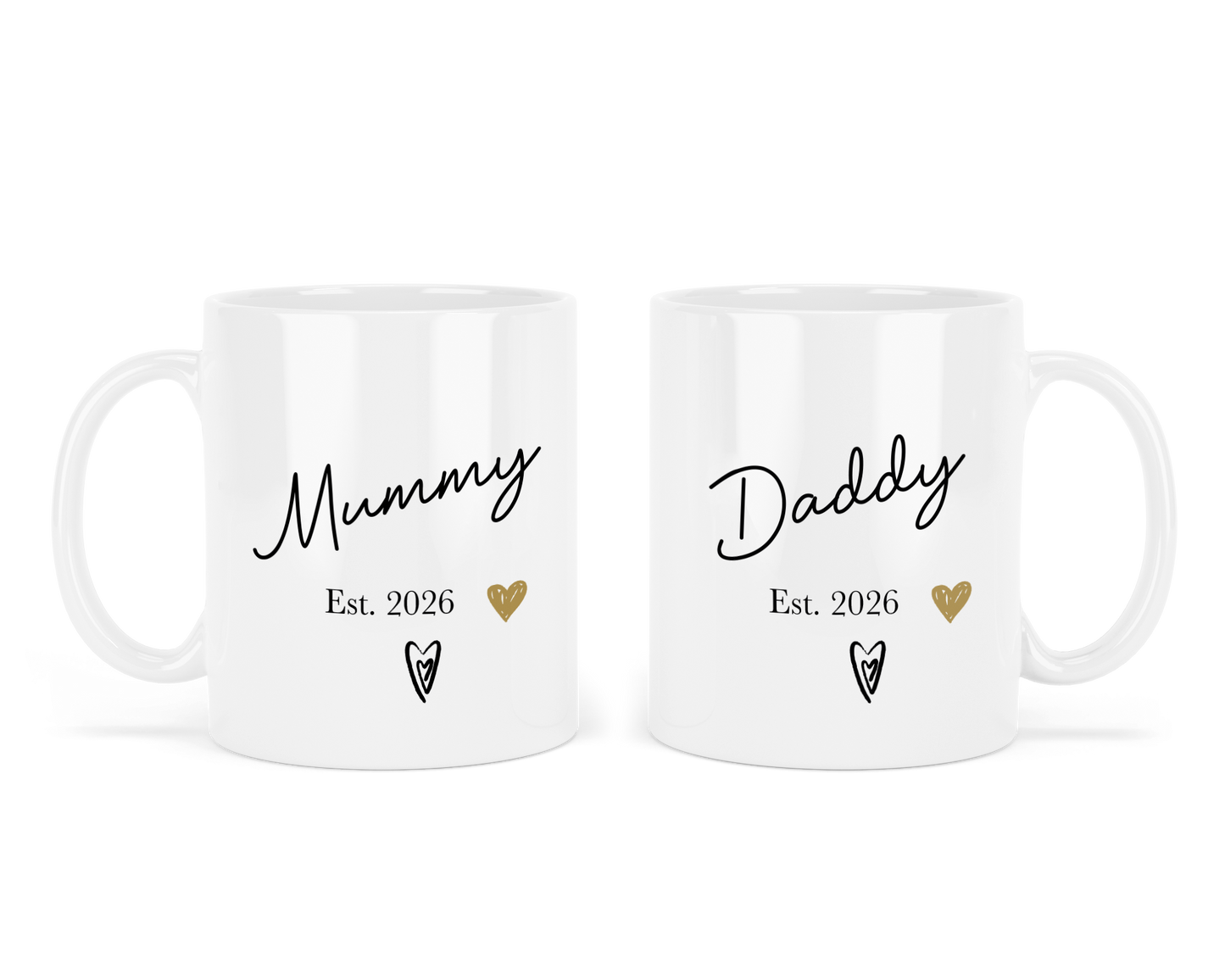 Two personalised white mugs with 'Mummy Est. 2026' and 'Daddy Est. 2026' text on a white background
