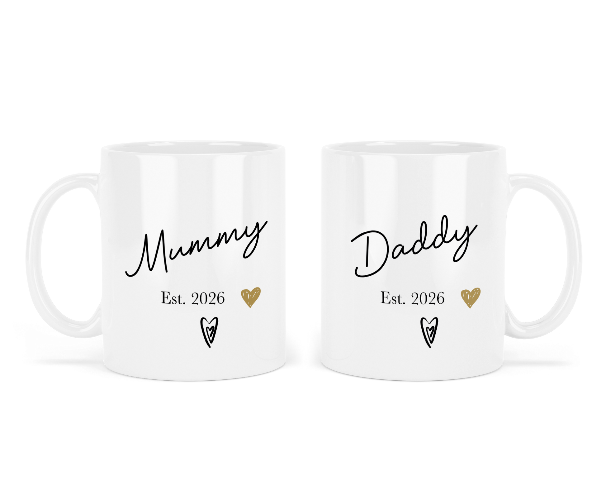 Two personalised white mugs with 'Mummy Est. 2026' and 'Daddy Est. 2026' text on a white background