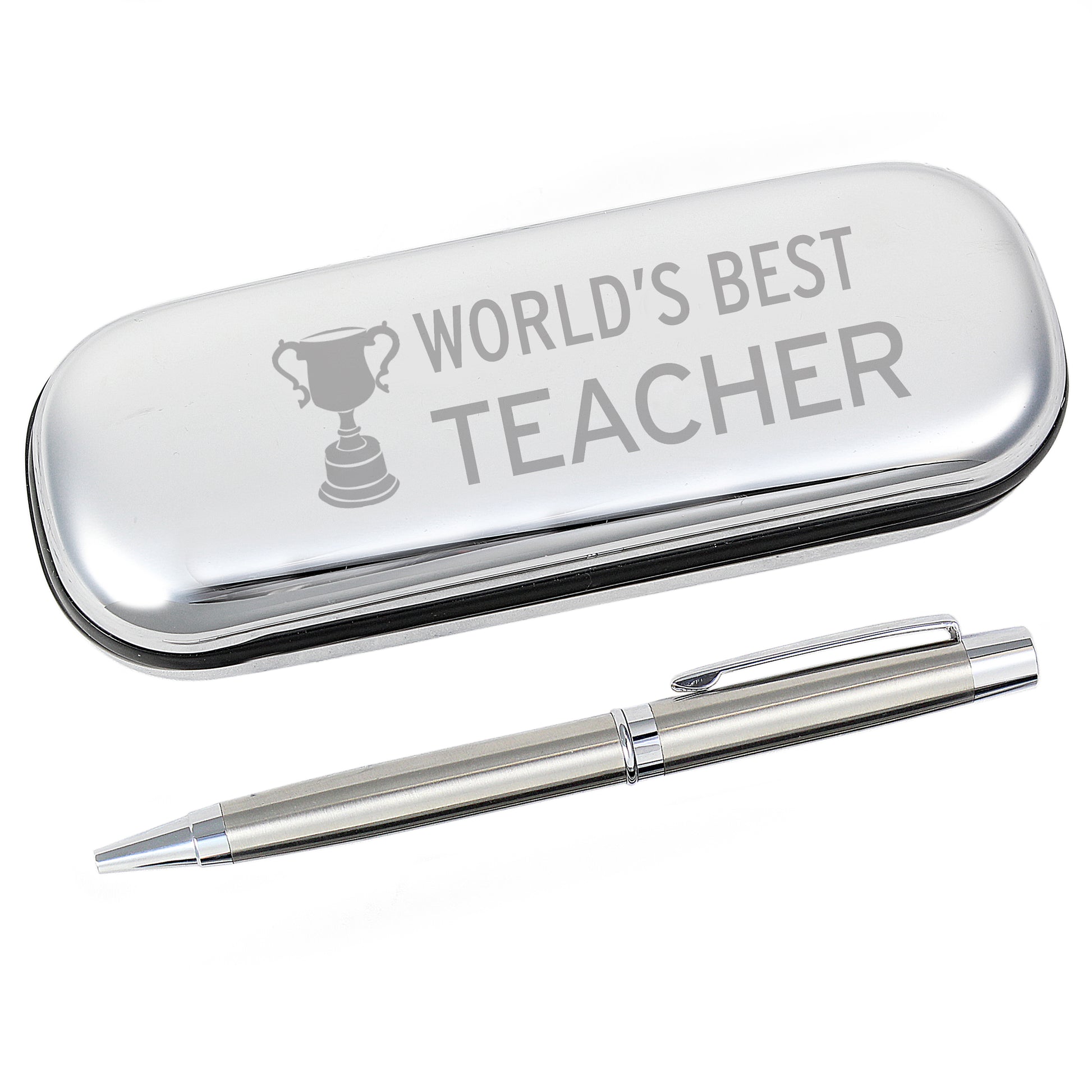 Silver pen case with 'World's Best Teacher' engraving and a pen on a white background