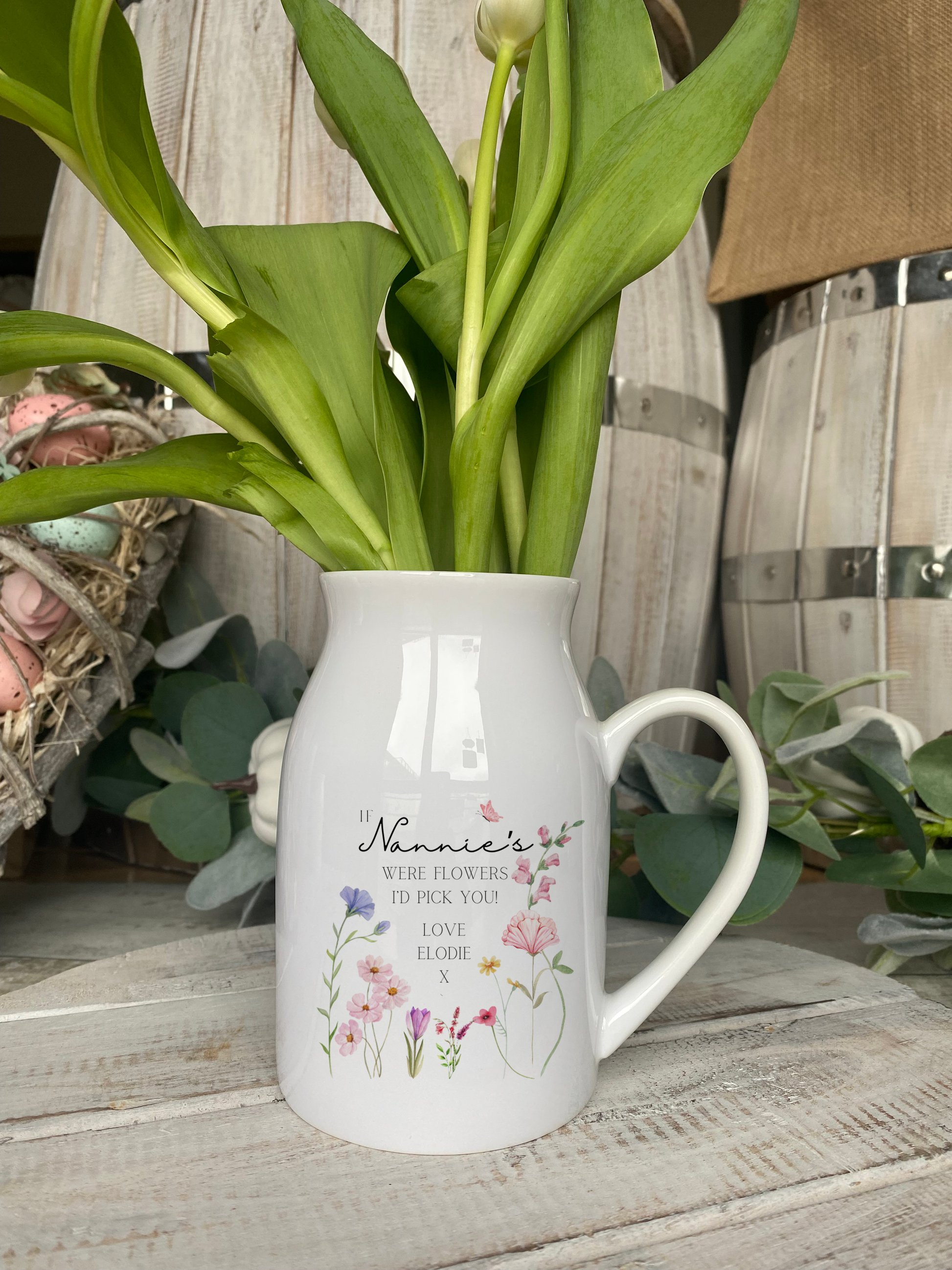 White ceramic flower jug with pastel wildflowers and personalised text for Nannie, ideal Mother’s Day or birthday gift