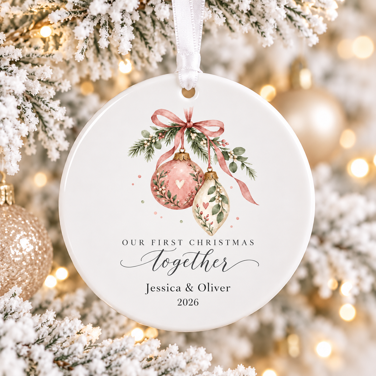 A round white Christmas ornament hanging from a white ribbon, decorated with a pink and green ornament illustration, a pink bow, and the personalized text 'OUR FIRST CHRISTMAS Together Jessica & Oliver 2026'. The ornament is photographed against a festive background of frosted tree branches and warm golden bokeh lights.