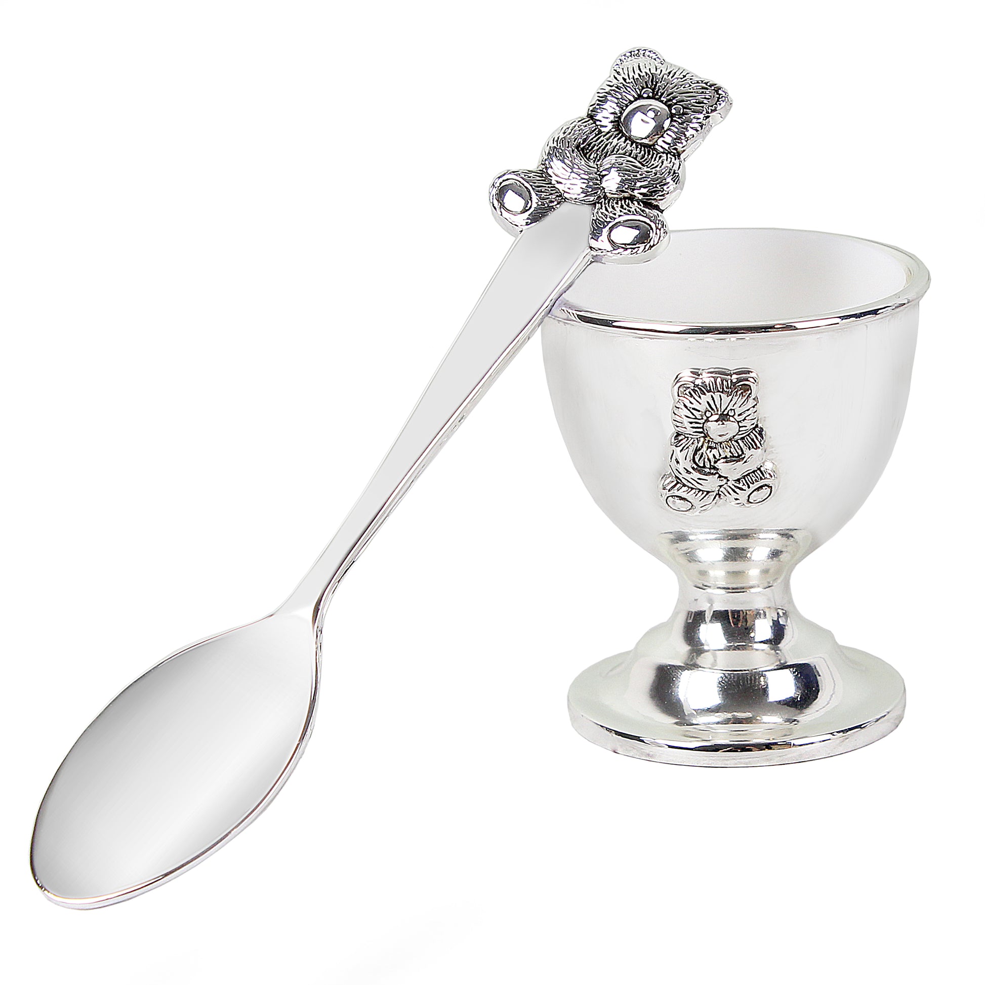 Personalised Silver egg cup with spoon on a white background