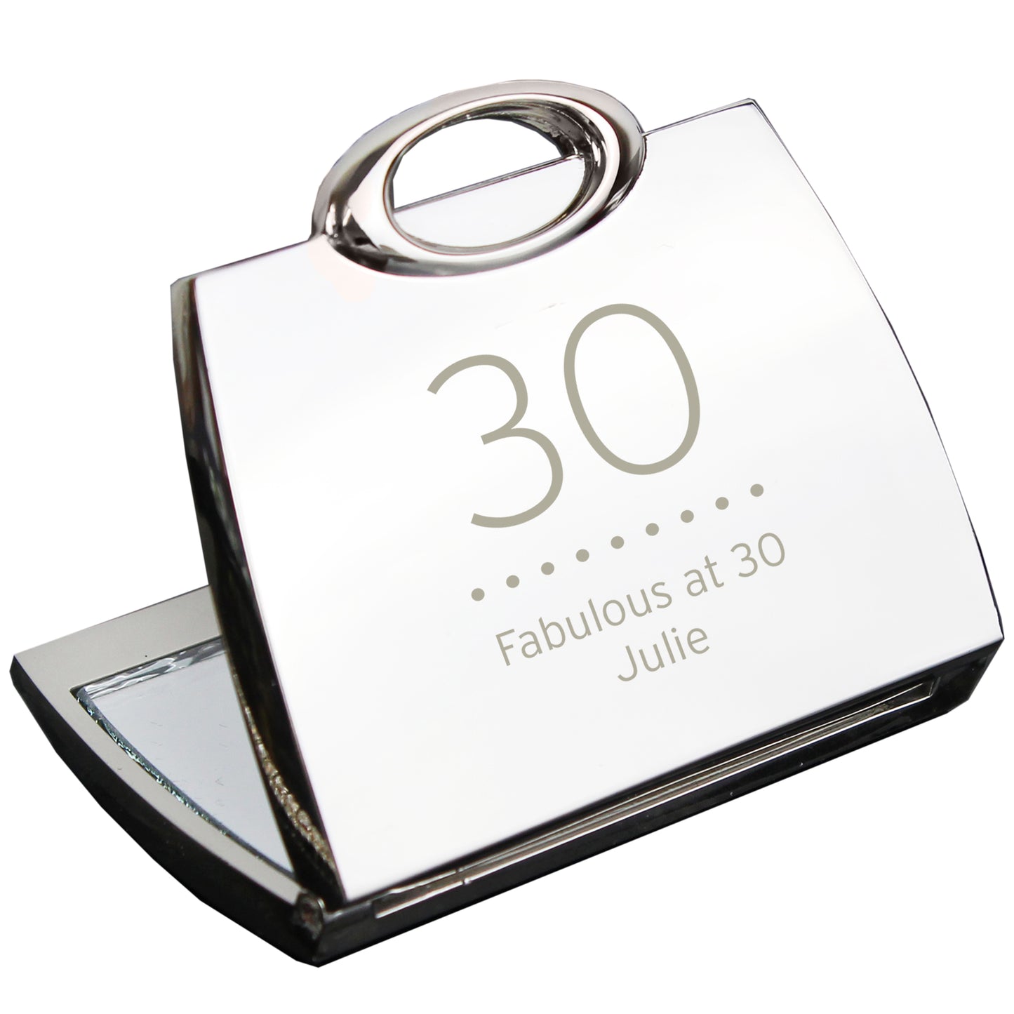 Silver Mirror with '30 Fabulous at 30 Julie' engraving on a white background