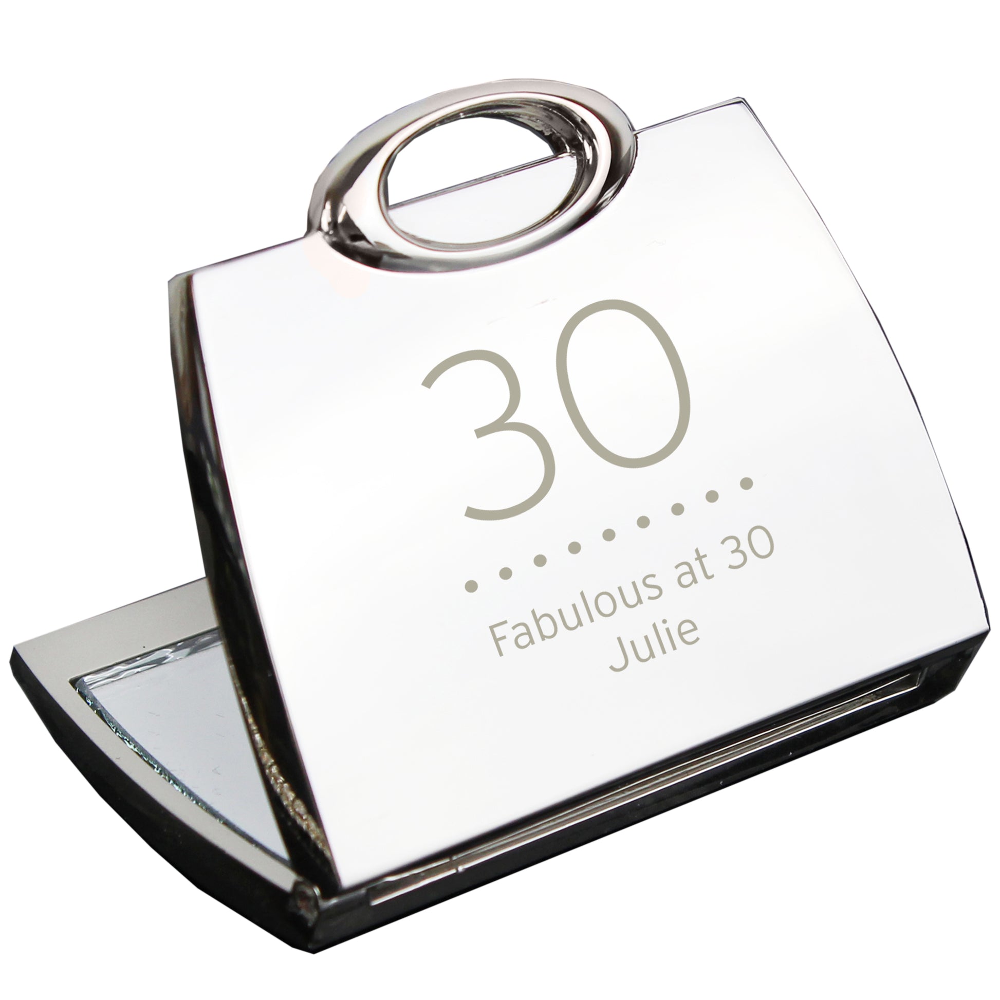 Silver Mirror with '30 Fabulous at 30 Julie' engraving on a white background