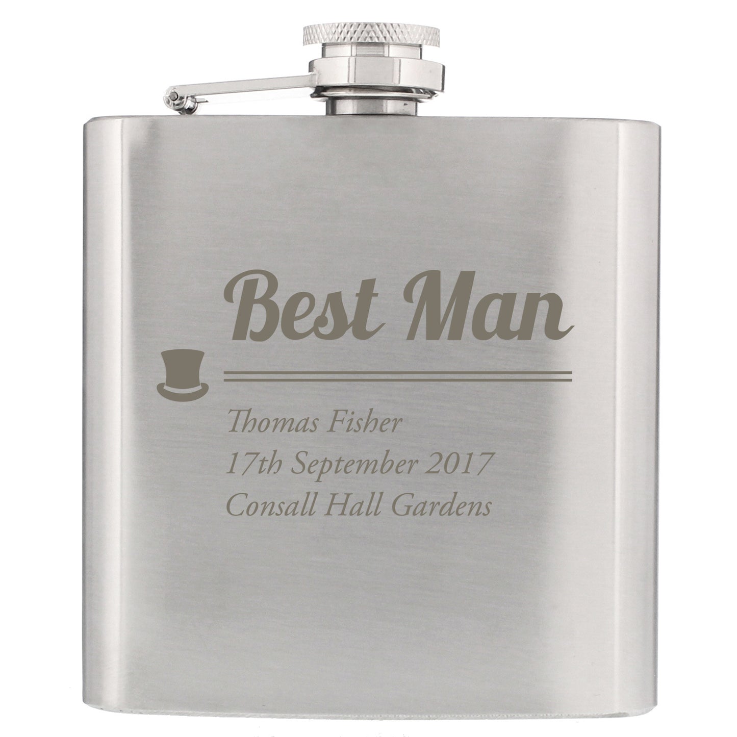 Stainless steel flask engraved with 'Best Man' and personalised details on a white background