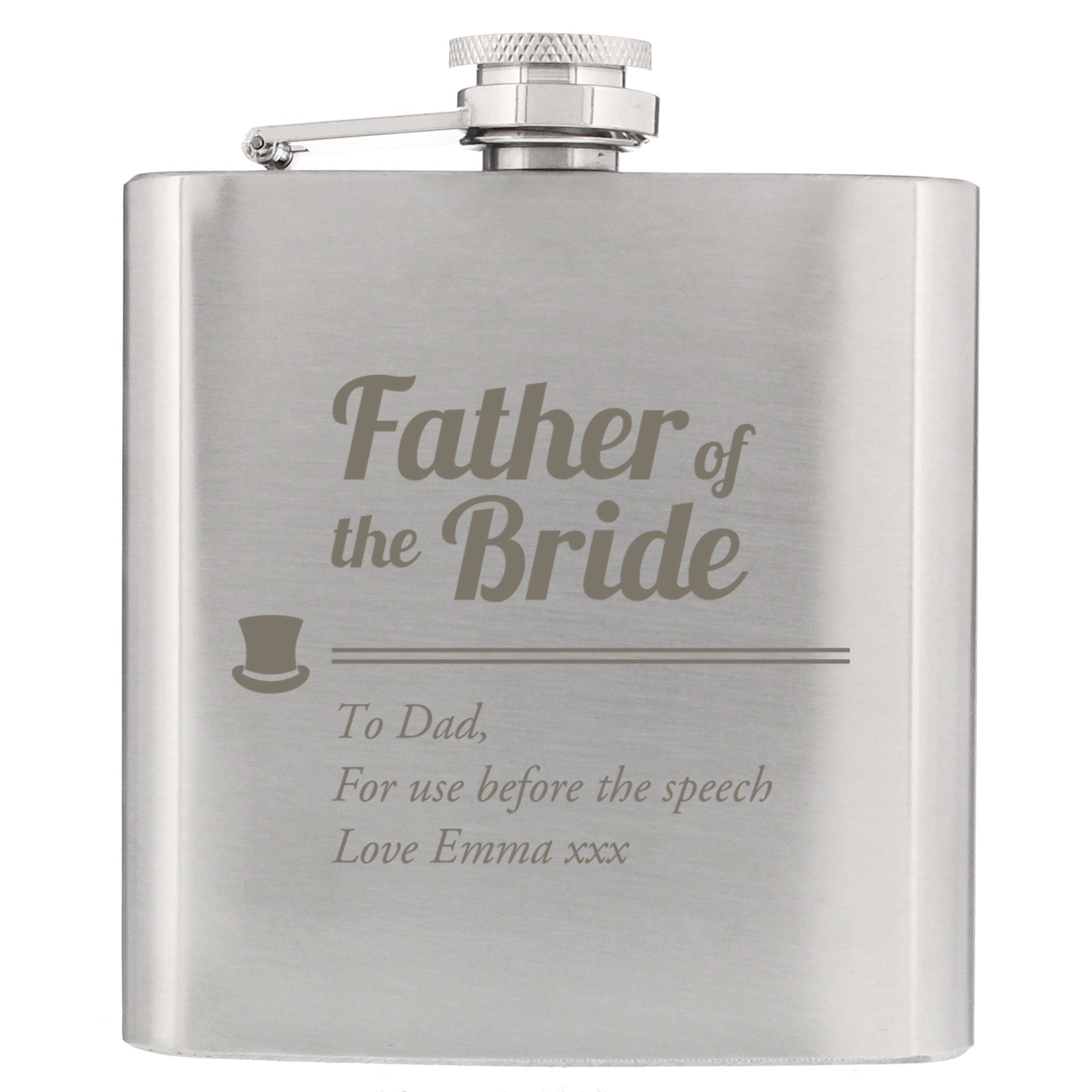 Stainless steel flask engraved with 'Father of the Bride' message on a white background