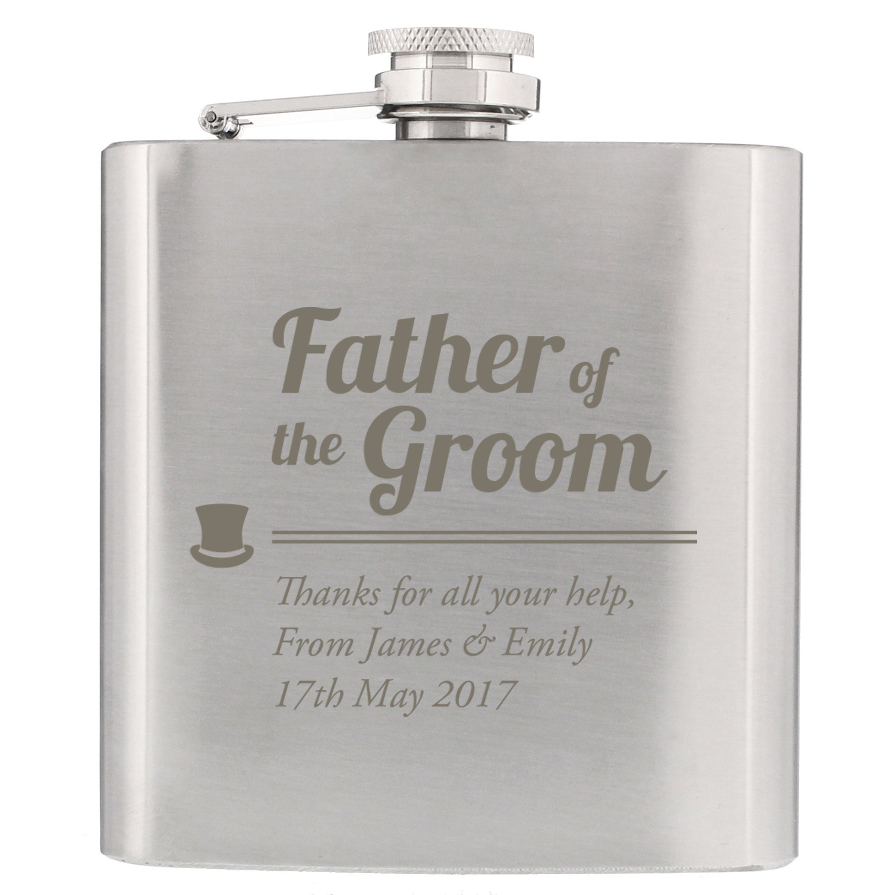 Stainless steel flask engraved with 'Father of the Groom' message on a white background