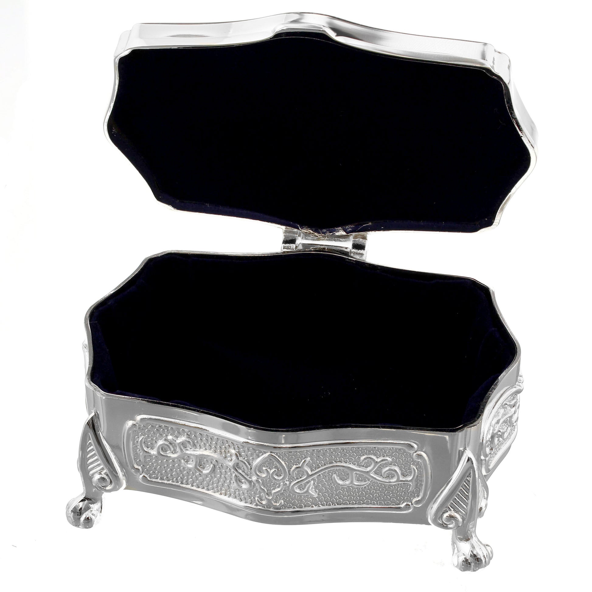 Decorative silver jewellery box with black interior on a white background