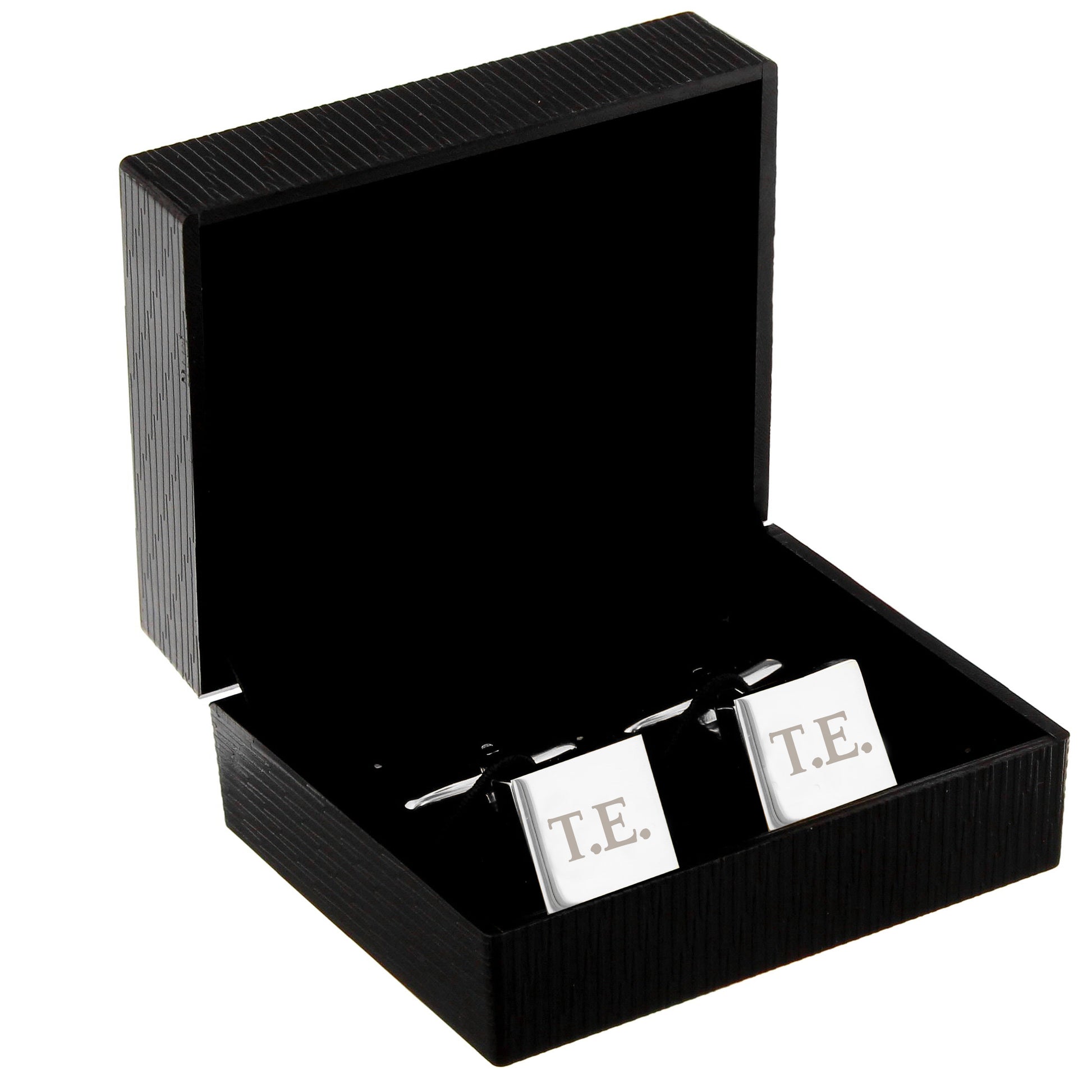 Personalised Cufflinks with 'T.E.' engraving in a black box on a white background