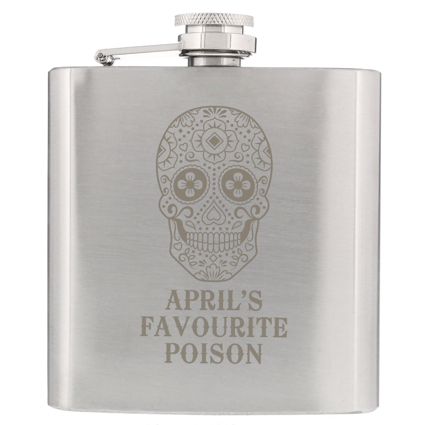 Stainless steel flask with skull design and 'April's Favourite Poison' text on a white background