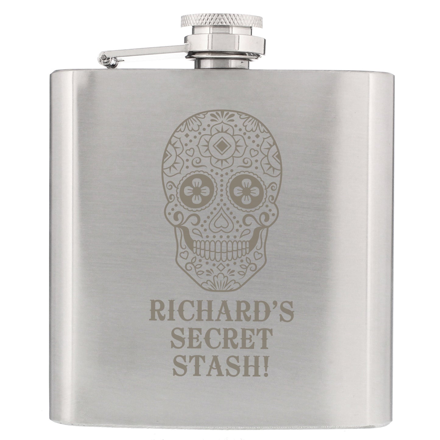 Stainless steel flask with skull design and 'Richard's Secret Stash!' text on a white background