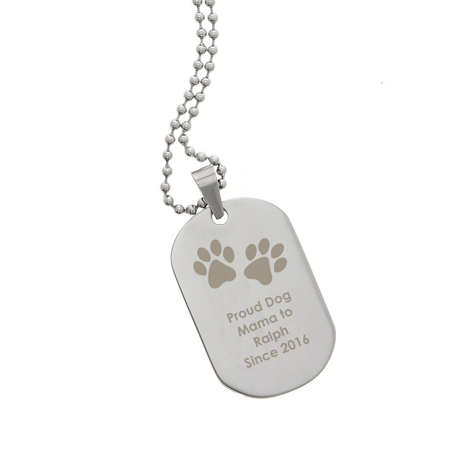 Silver dog tag necklace with engraved text and paw prints on a white background