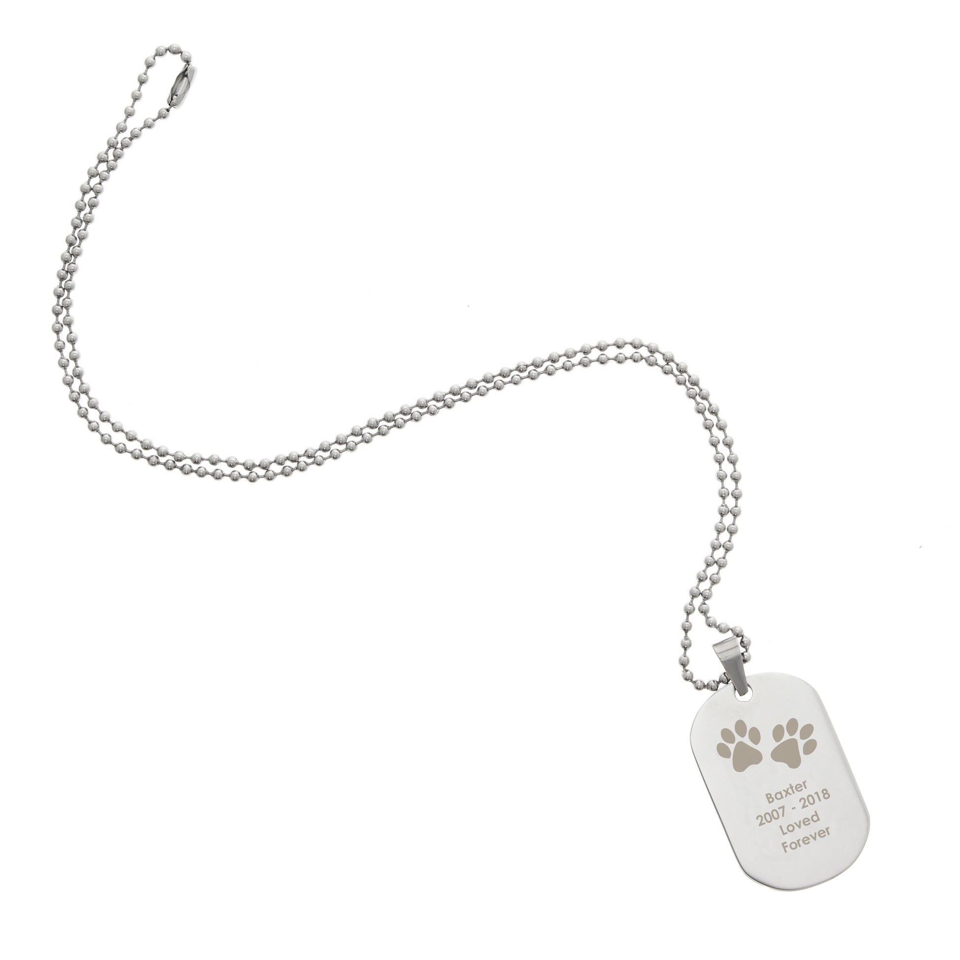 Dog tag necklace with paw prints and text on a white background