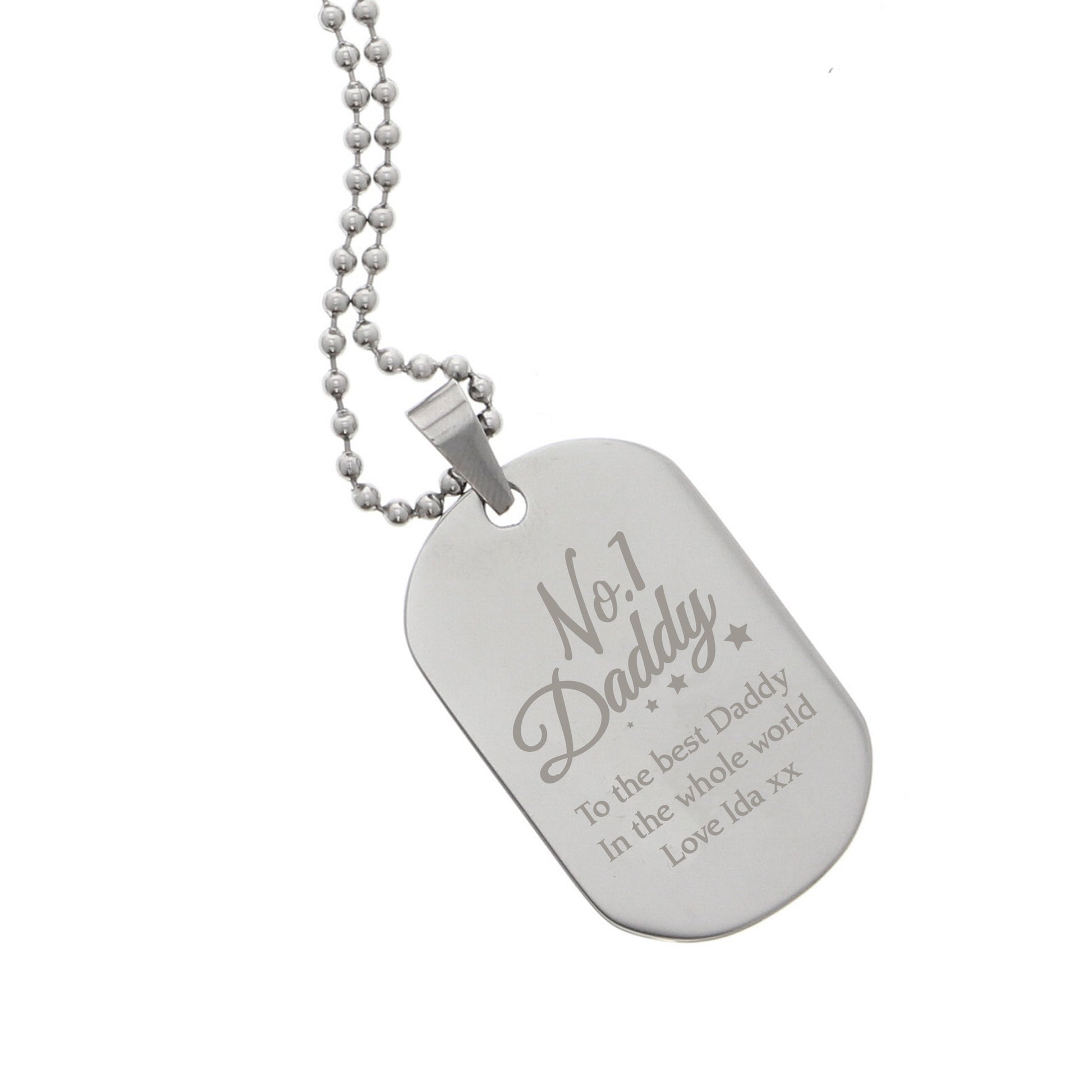 Silver dog tag necklace with engraved text on a white background