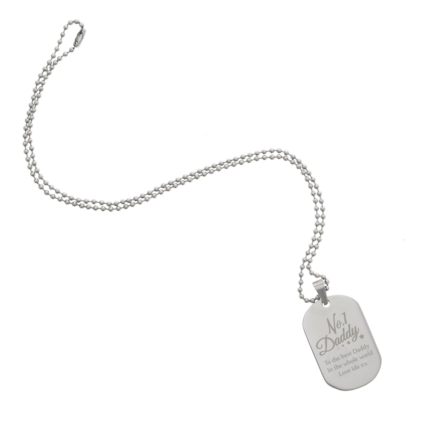 Silver necklace with a dog tag on a white background