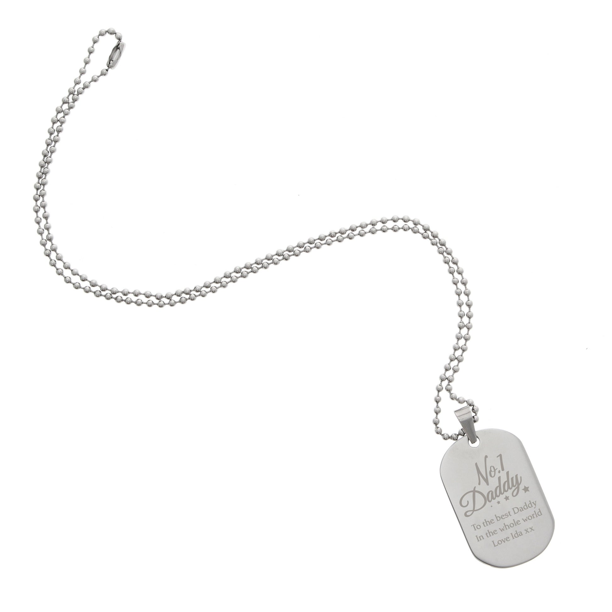 Silver necklace with a dog tag on a white background